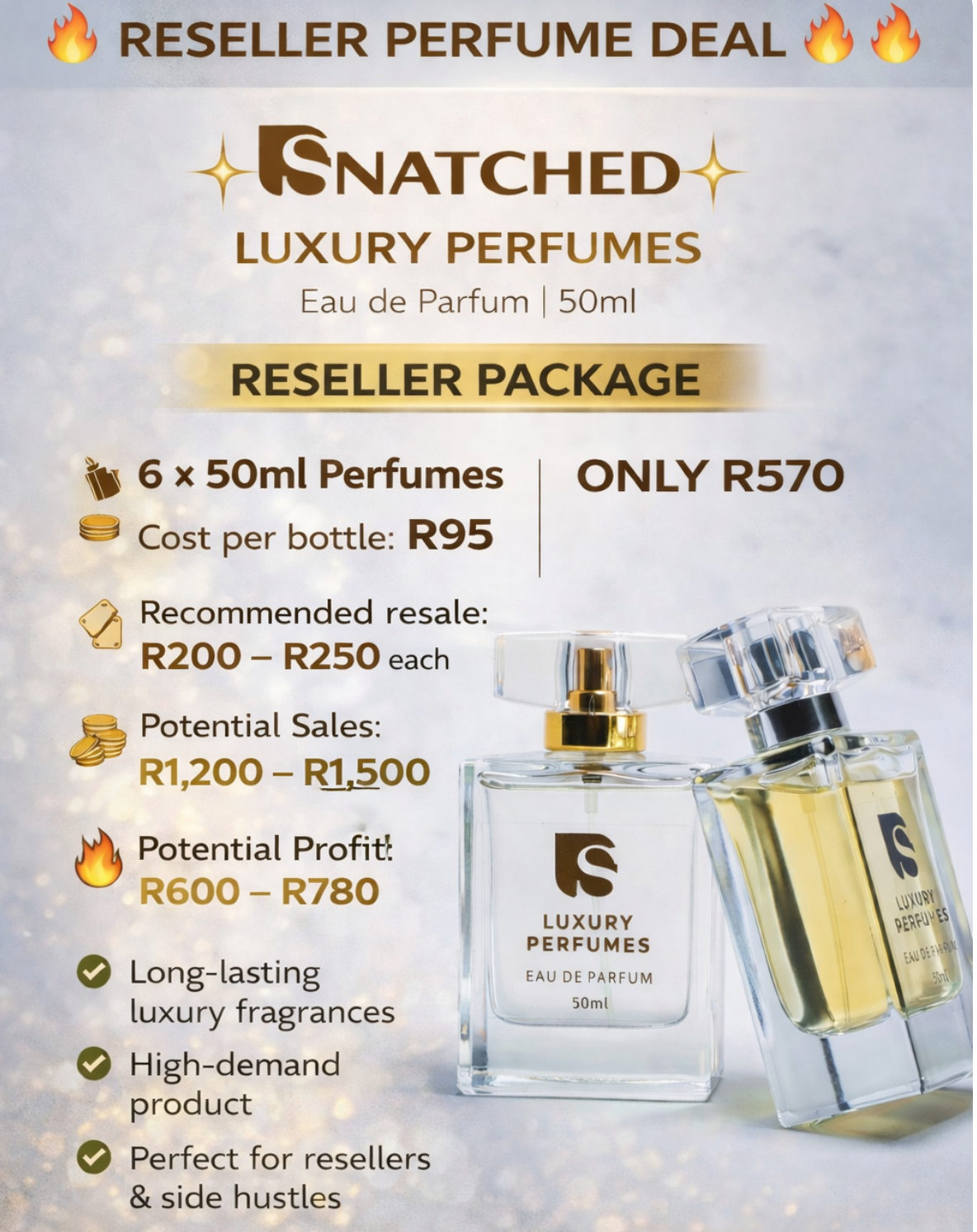 50ml perfume package- Add 6 to cart to get R99 price